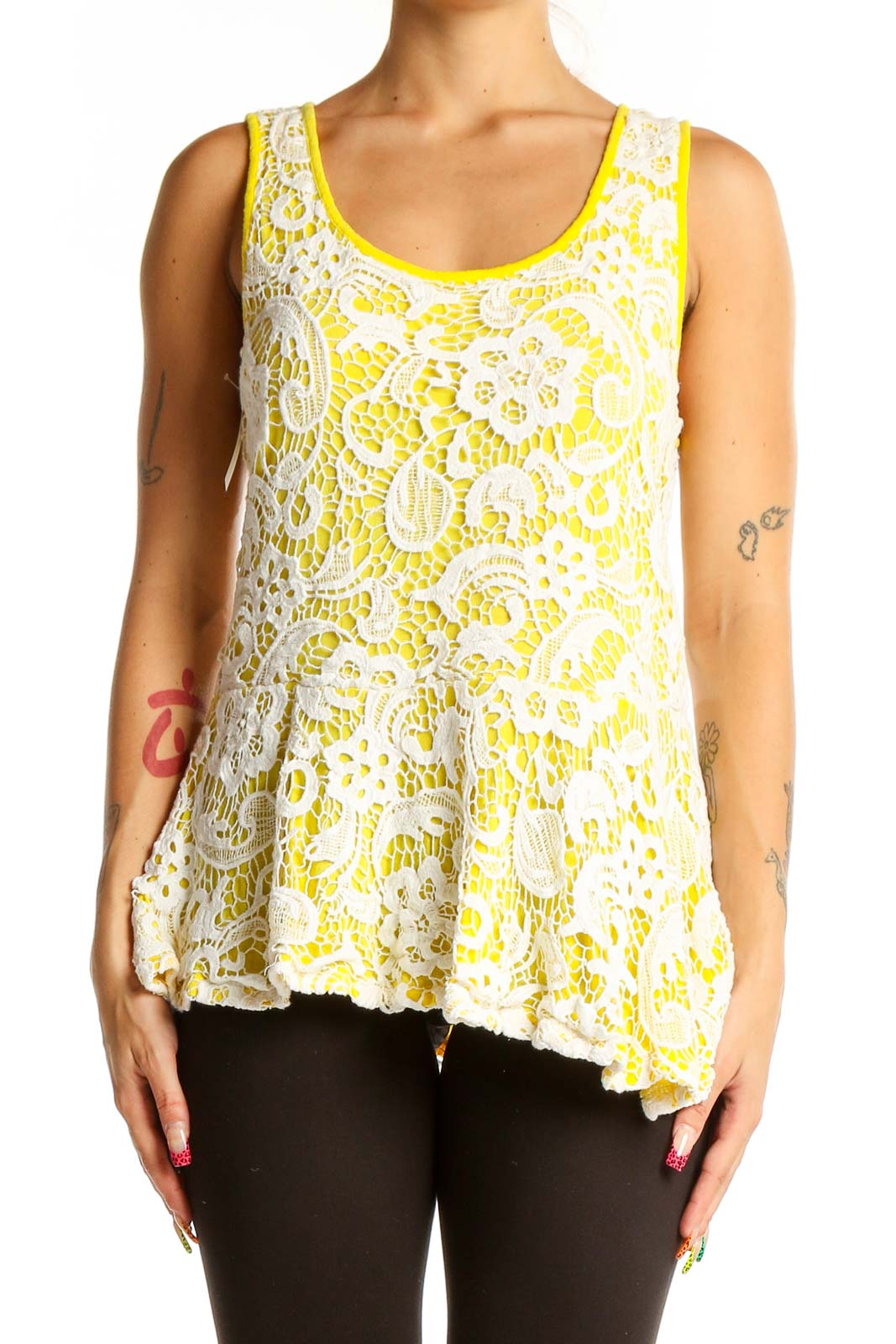 Yellow Floral Lace Peplum Tank Top Front
