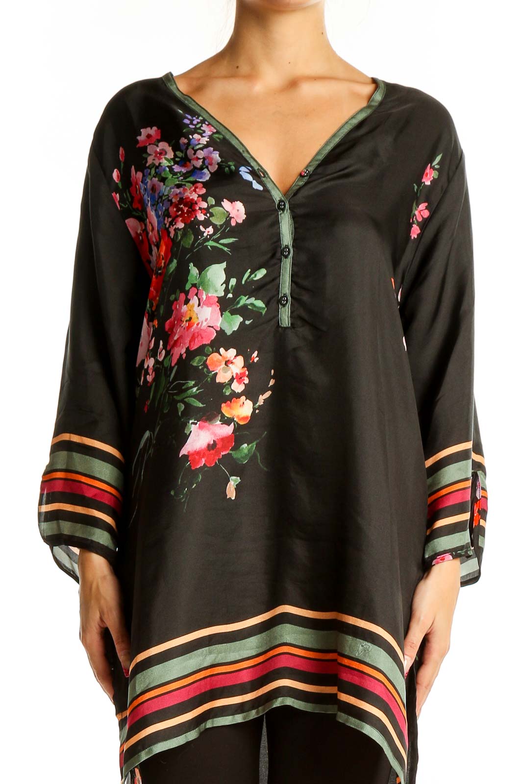 Black Multicolor Silk Floral Dress Front