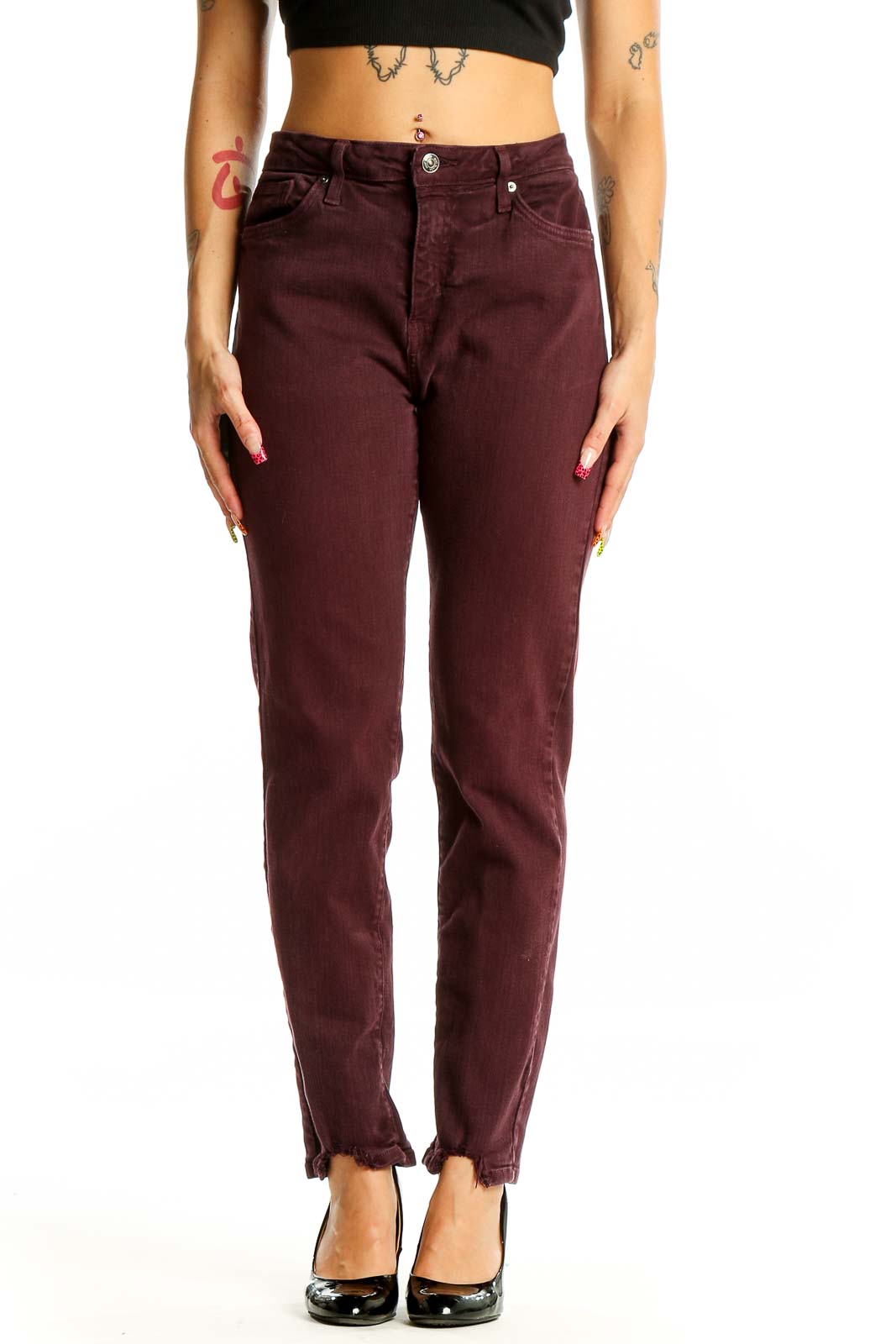 Burgundy High-Waisted Straight Leg Jeans Front