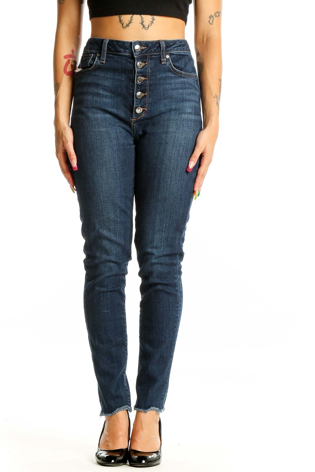 Blue High Waisted Dark Rinse Jeans Front