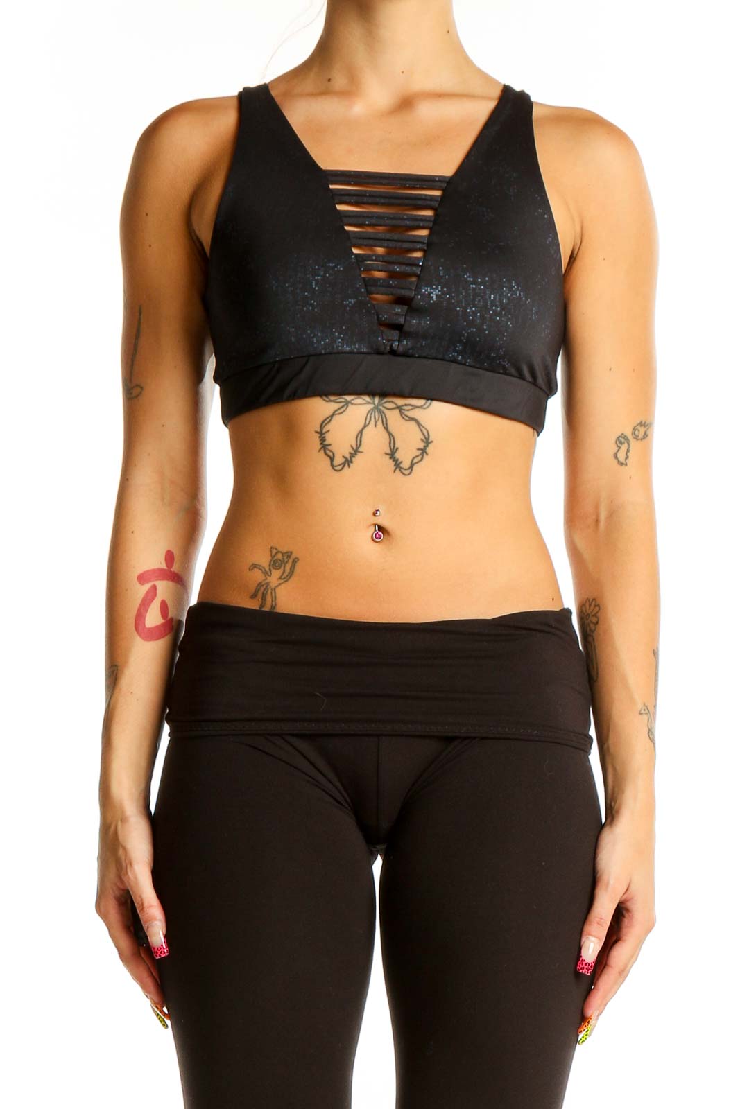 Black Sparkle Strappy Sports Bra Front