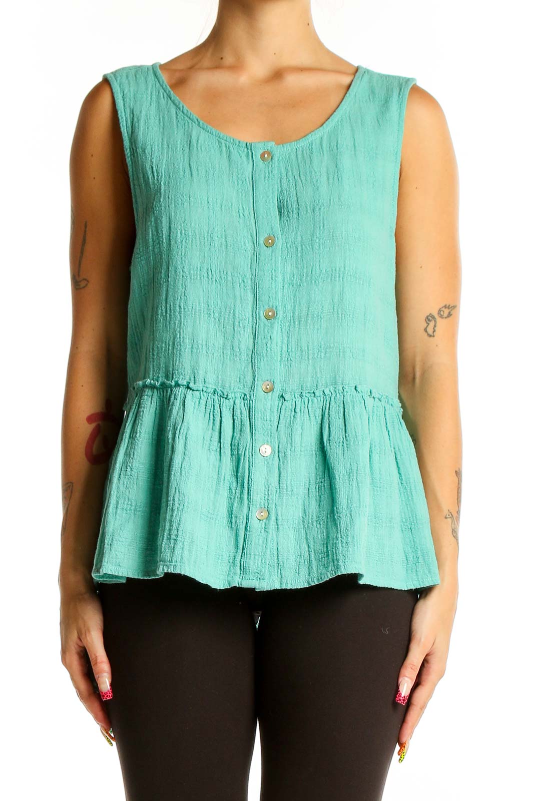 Mint Button-Front Peplum Tank Top Front