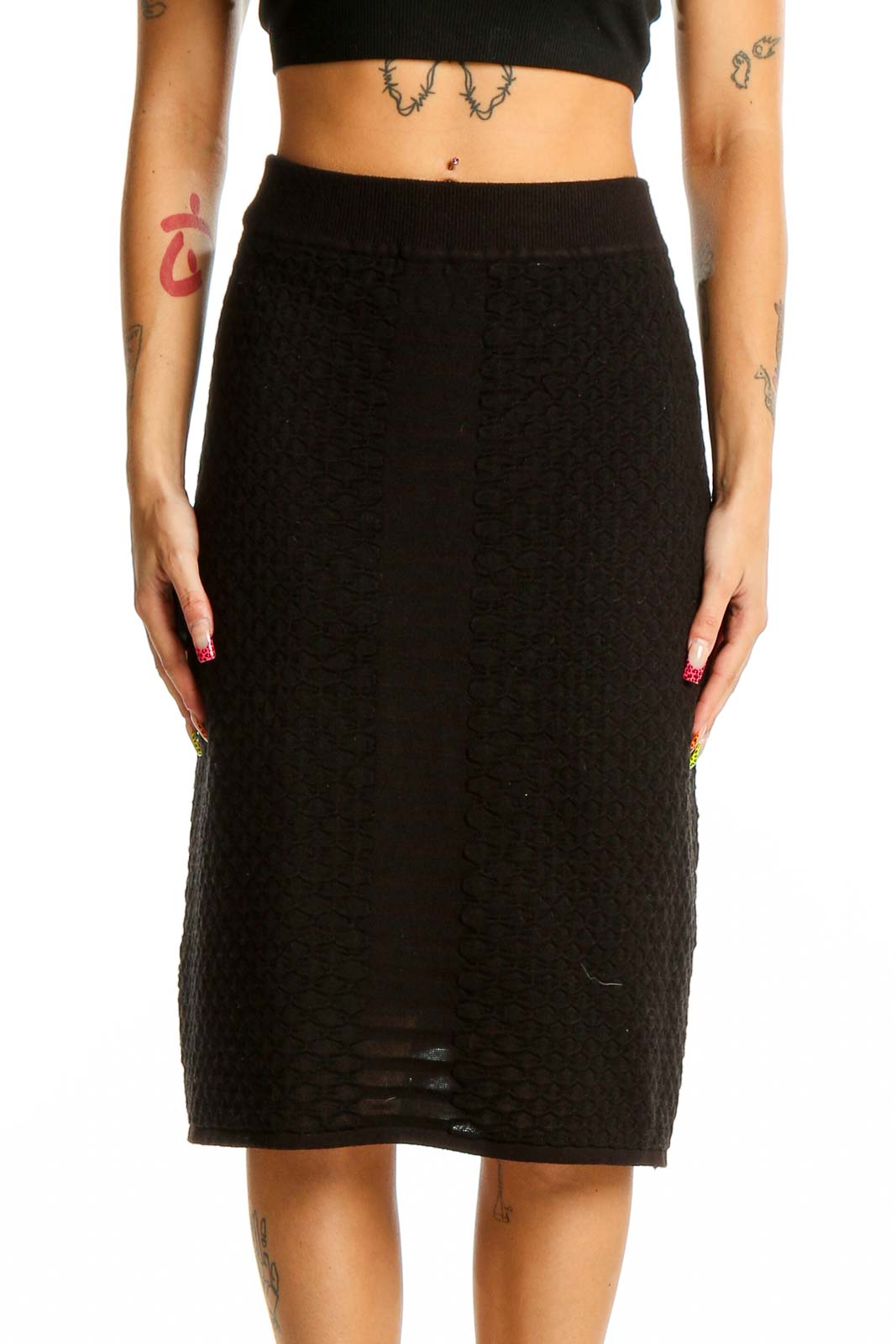 Black Textured Midi Skirt Front