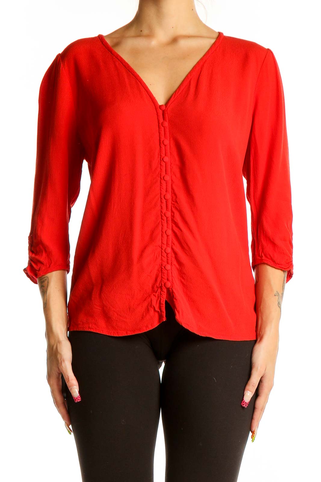 Red Viscose Button-Front Blouse Front