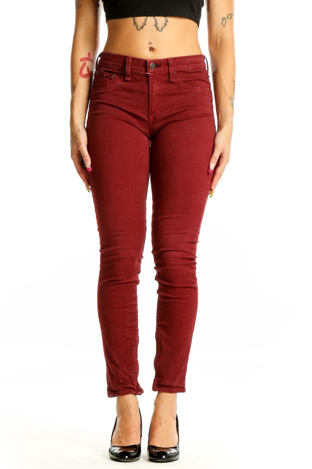 Burgundy Slim Fit Denim Jeans Front