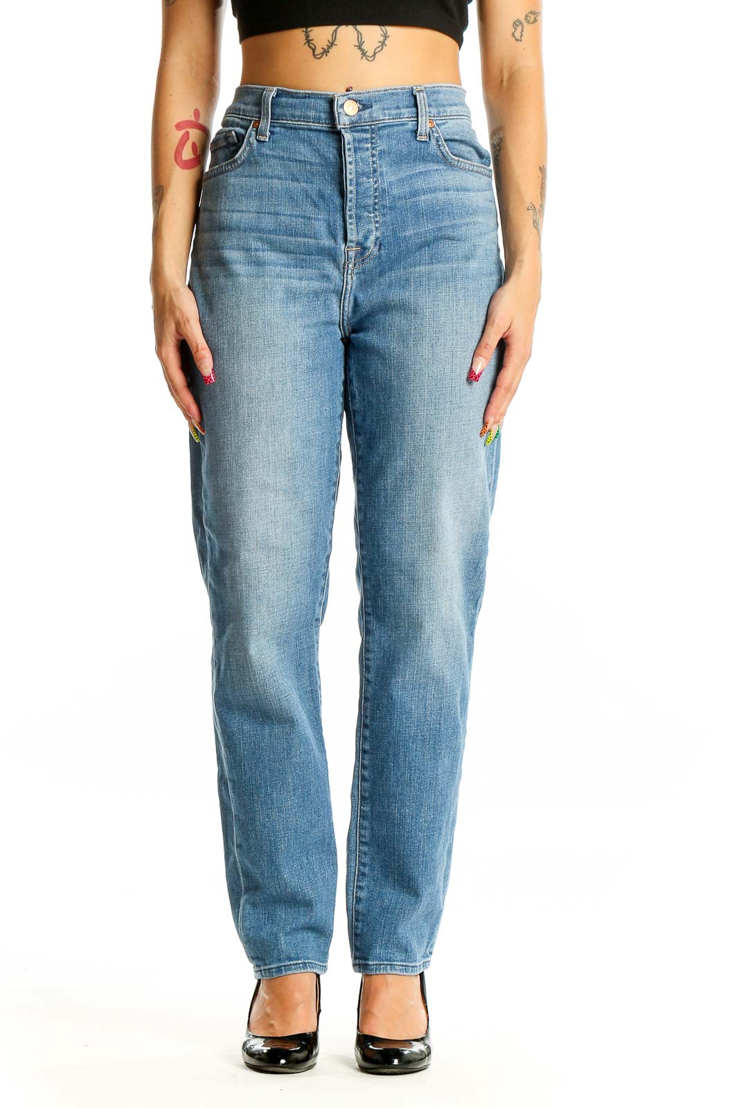 Blue High-Waisted Straight Leg Jeans Front