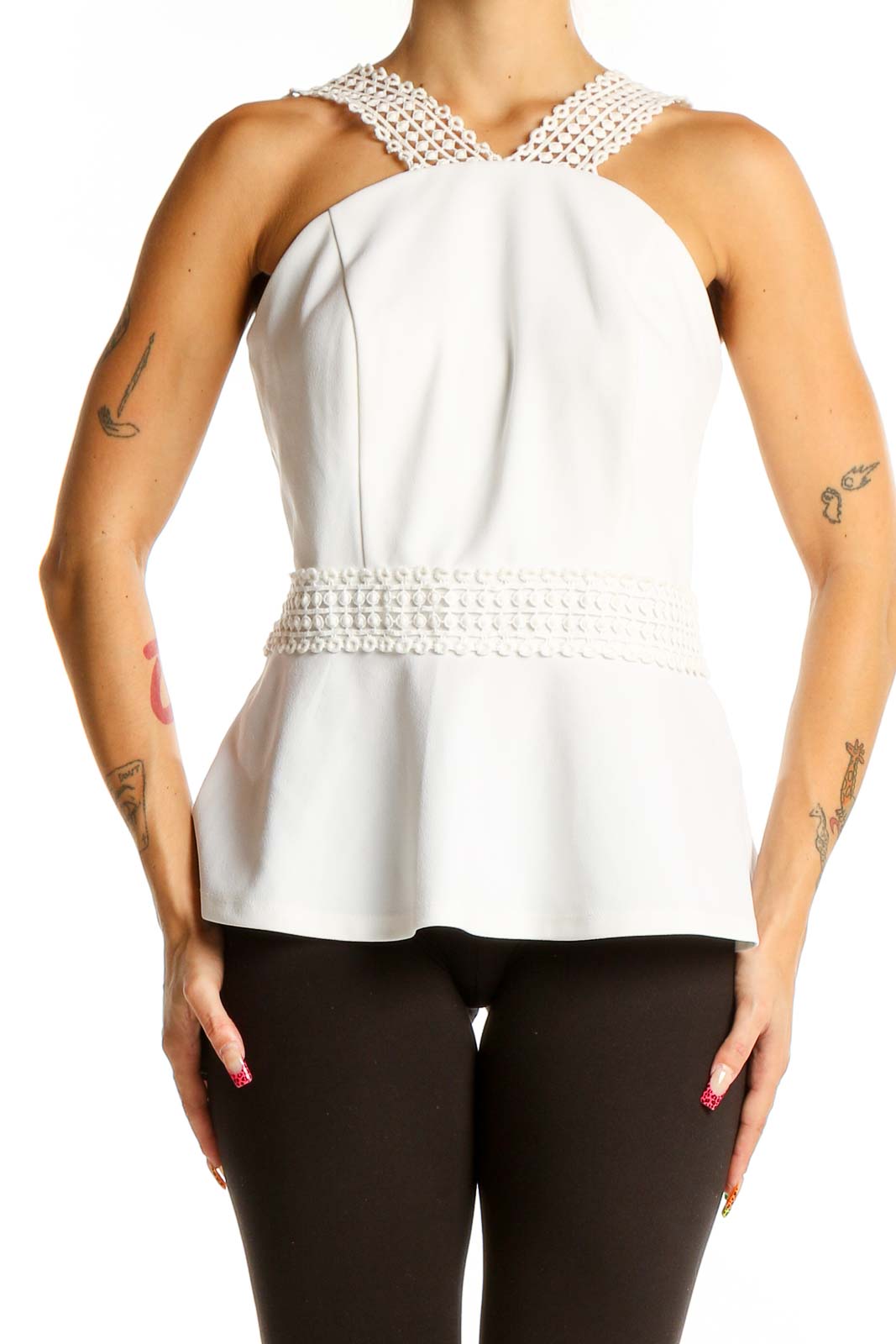 White Lace-Trimmed Peplum Top Front