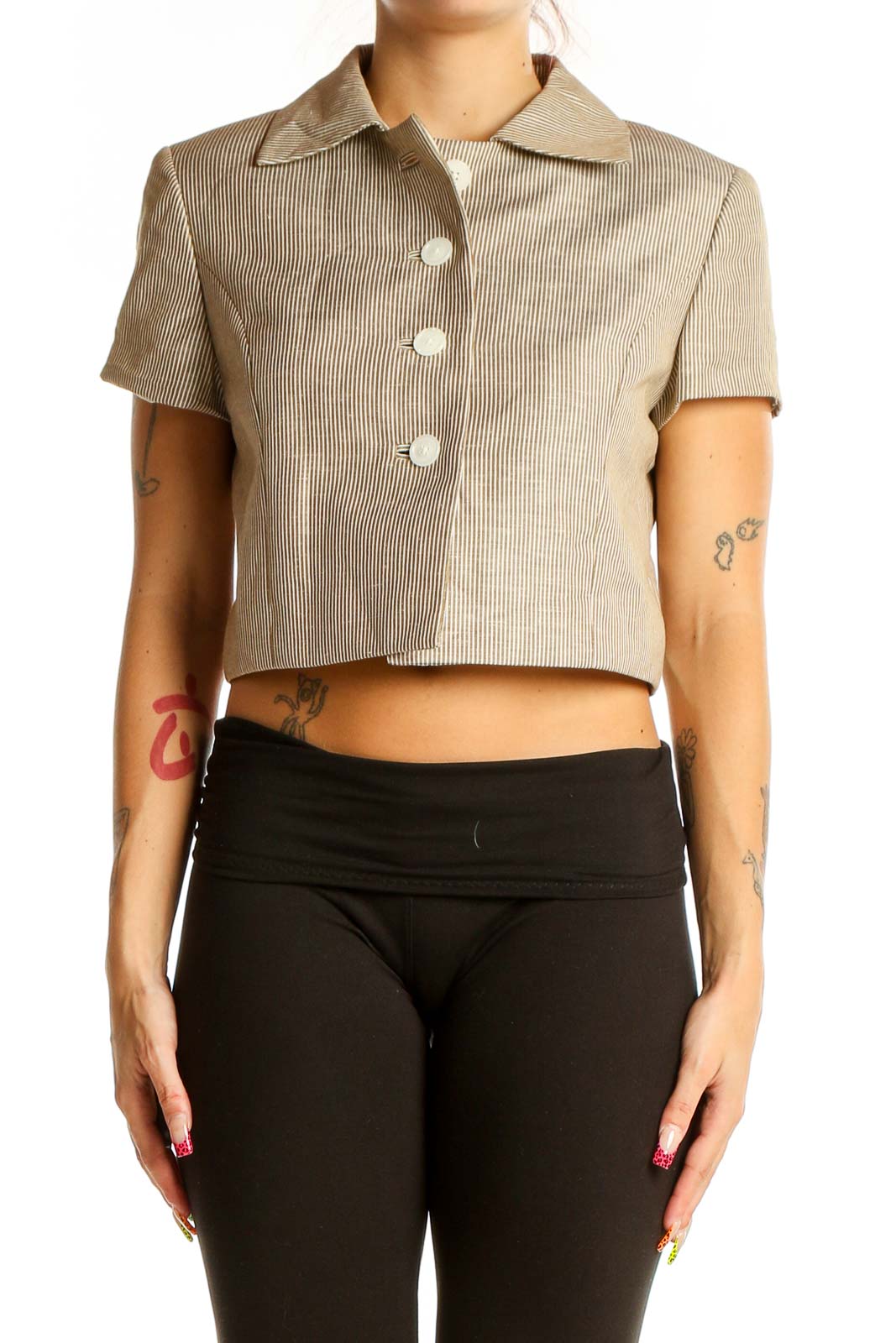 Beige Striped Cropped Jacket Front