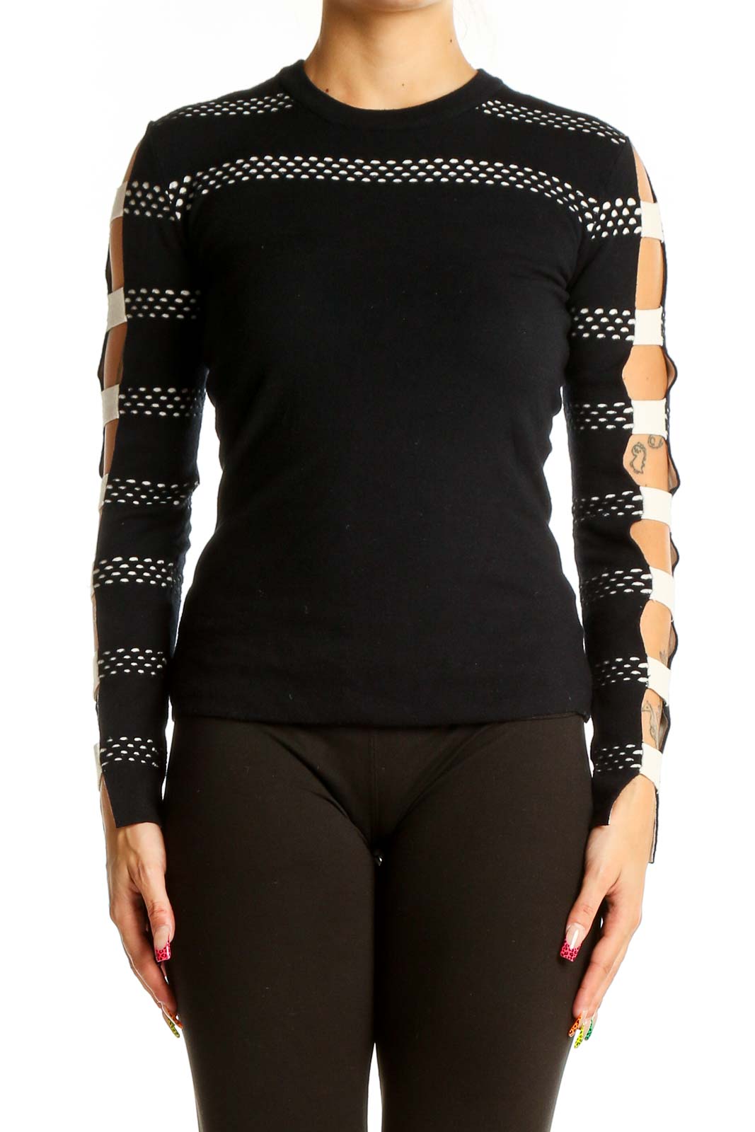 Black Striped Mesh Long Sleeve Top Front
