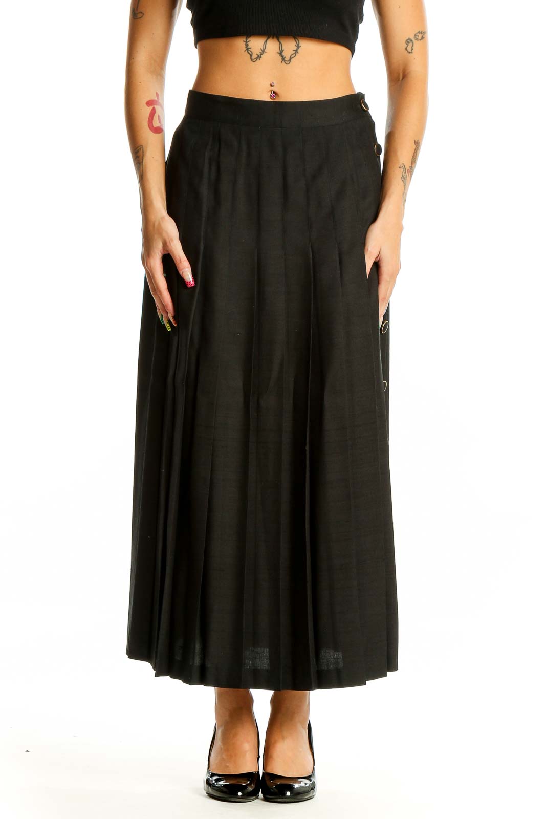 Black Pleated Silk Midi Skirt Front