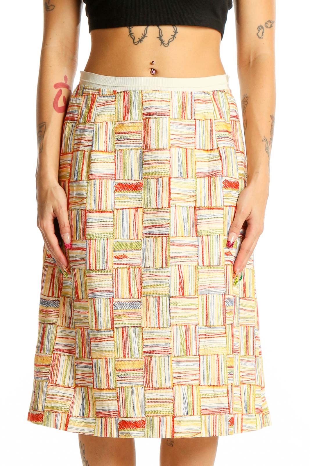Multicolor Patchwork A-Line Midi Skirt Front