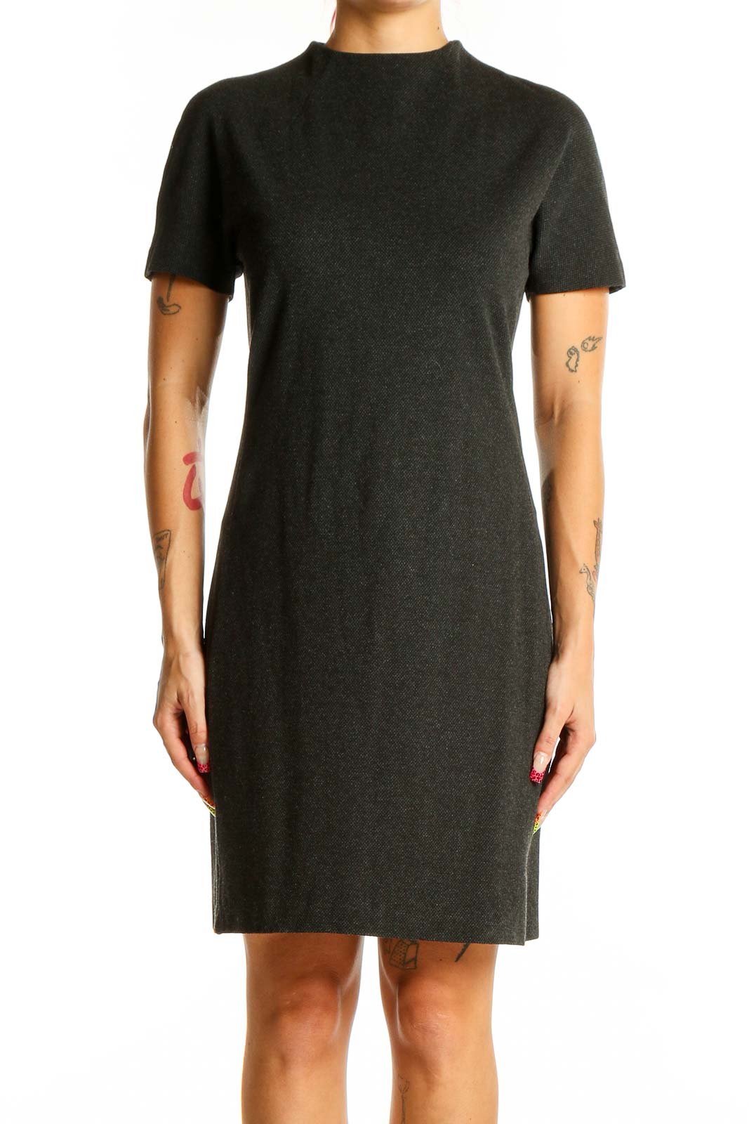 Charcoal Short-Sleeve Fitted Dress Front