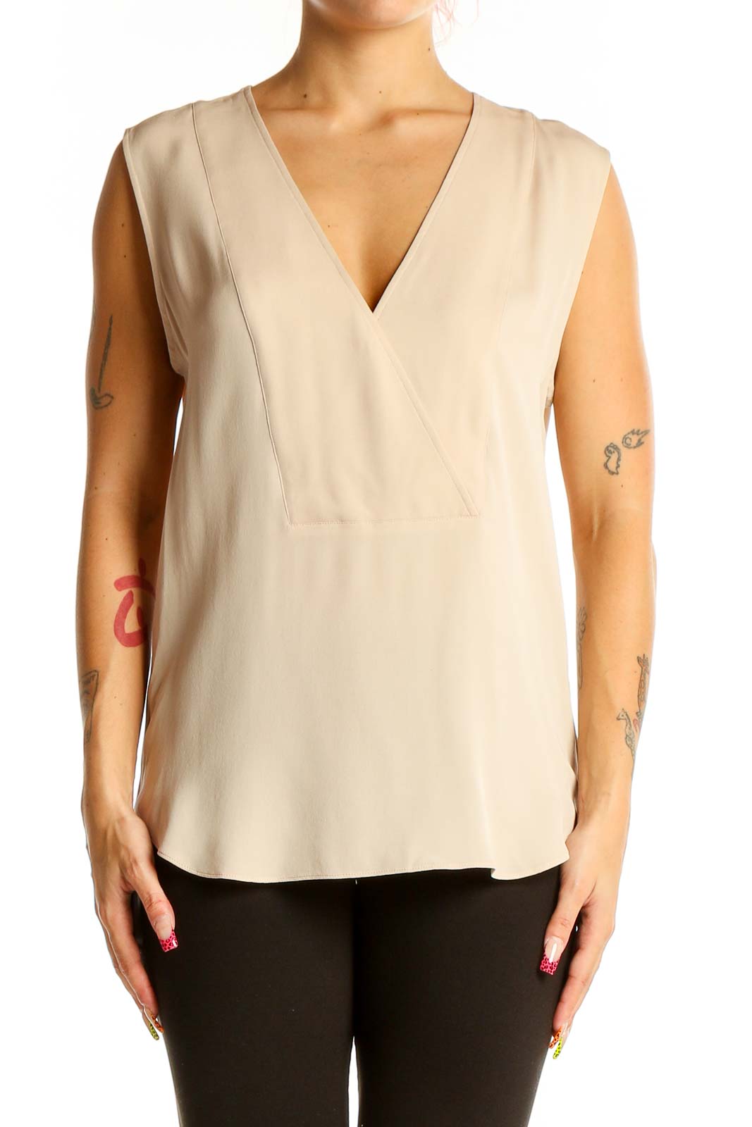 Beige Sleeveless V-Neck Silk Blouse Front