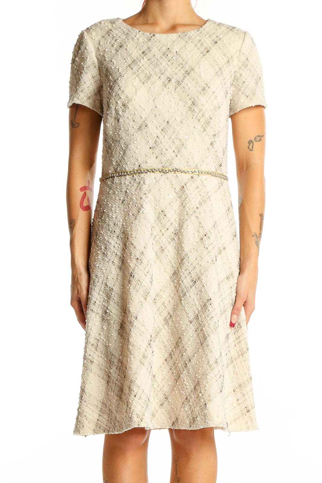 Cream Textured A-Line Cocktail Dress Front
