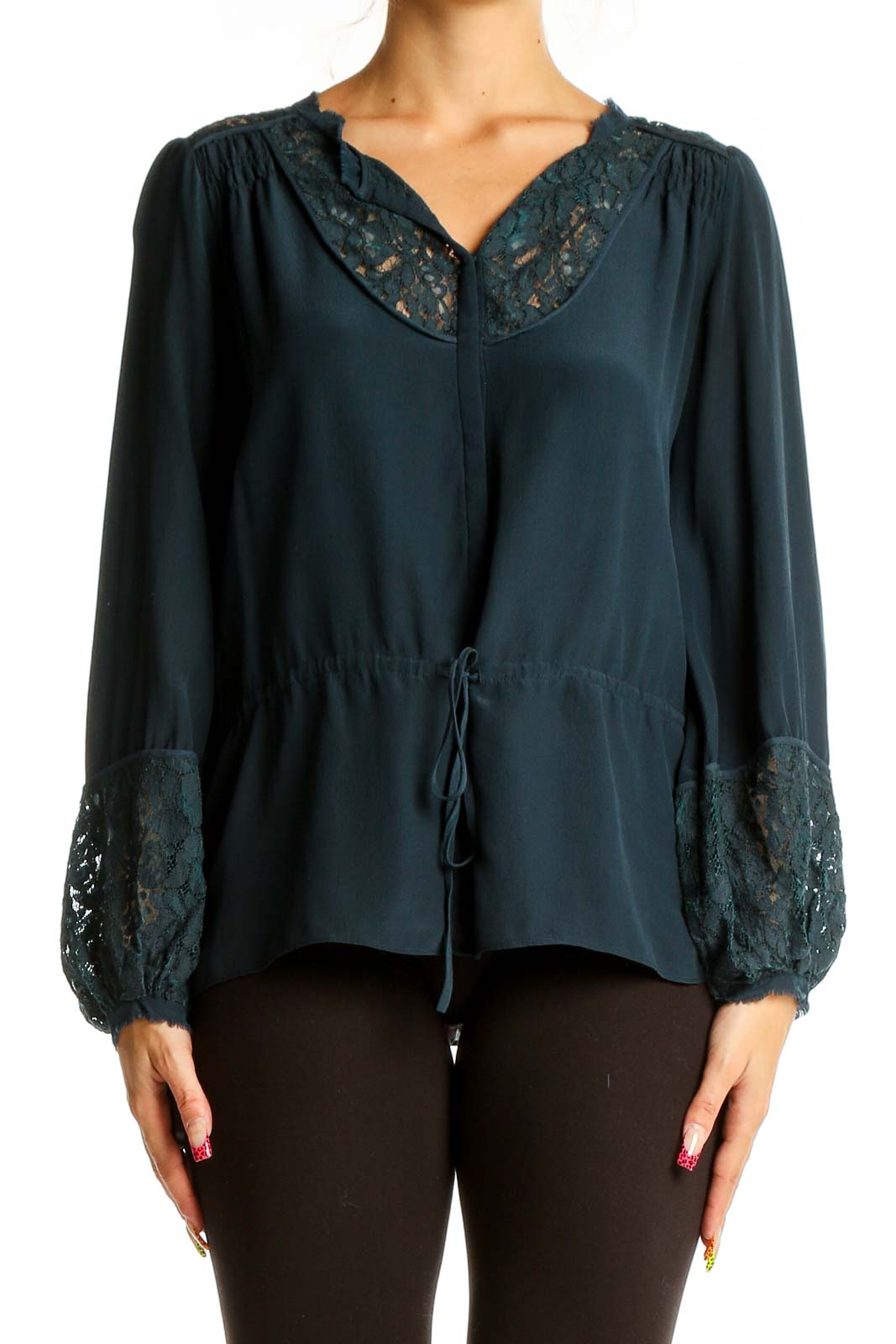 Teal Lace-Trimmed Peasant Blouse Front