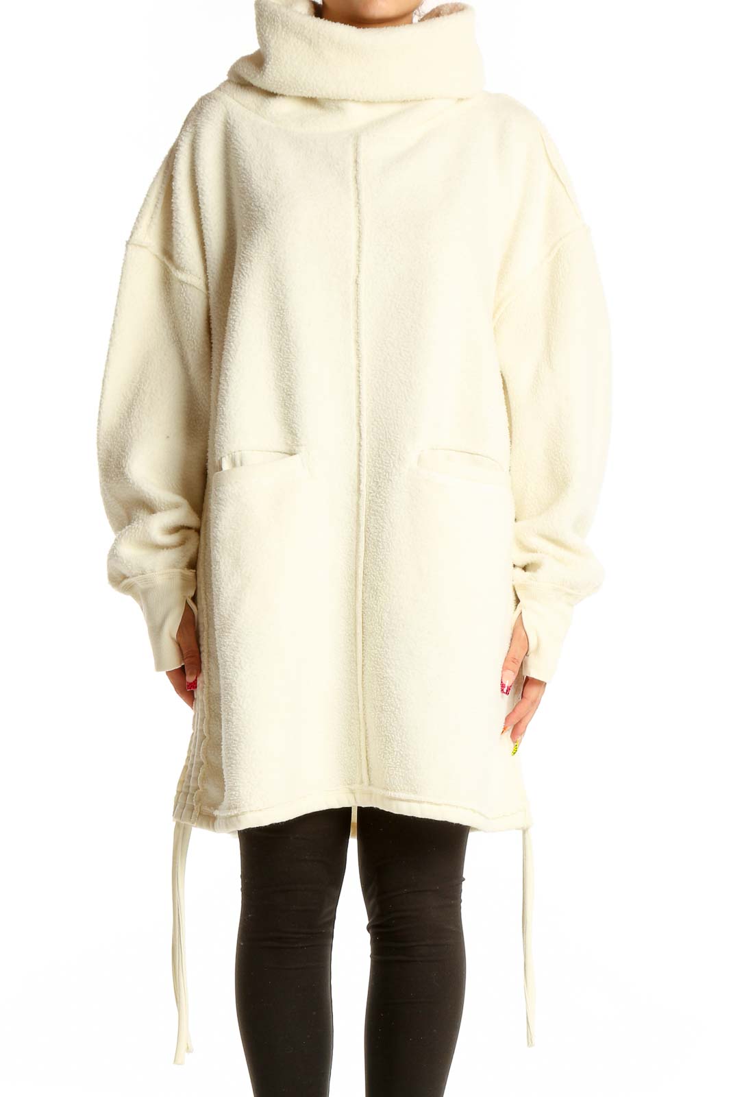 Cream Oversized Fleece Turtleneck Jacket Front