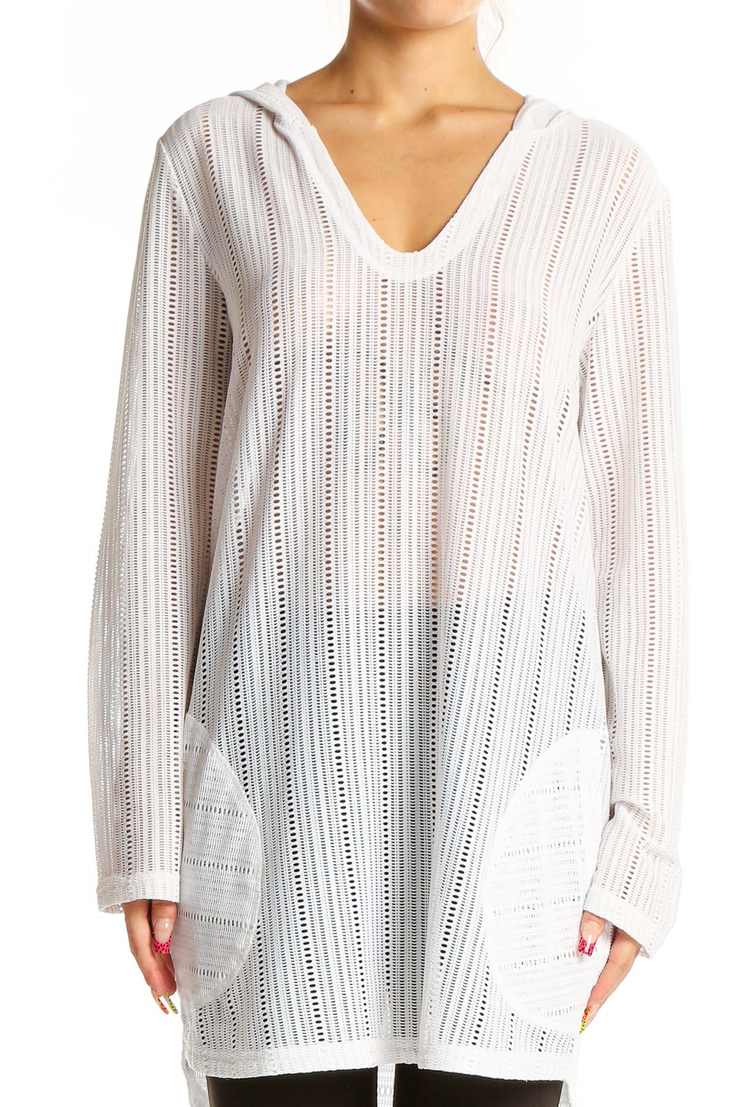 White Hooded Crochet Beach Cover-Up Front