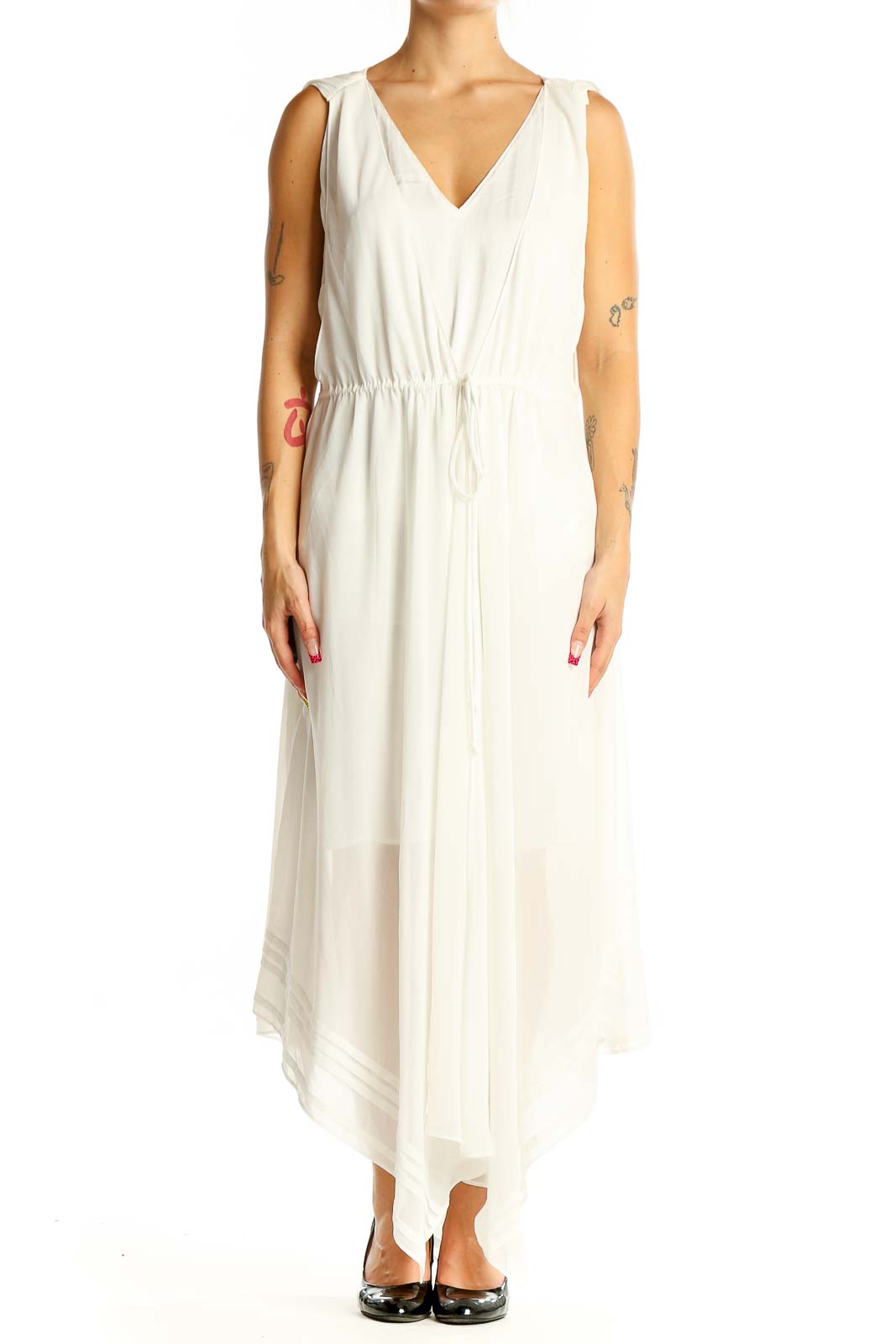 White Flowy V-Neck Maxi Dress Front