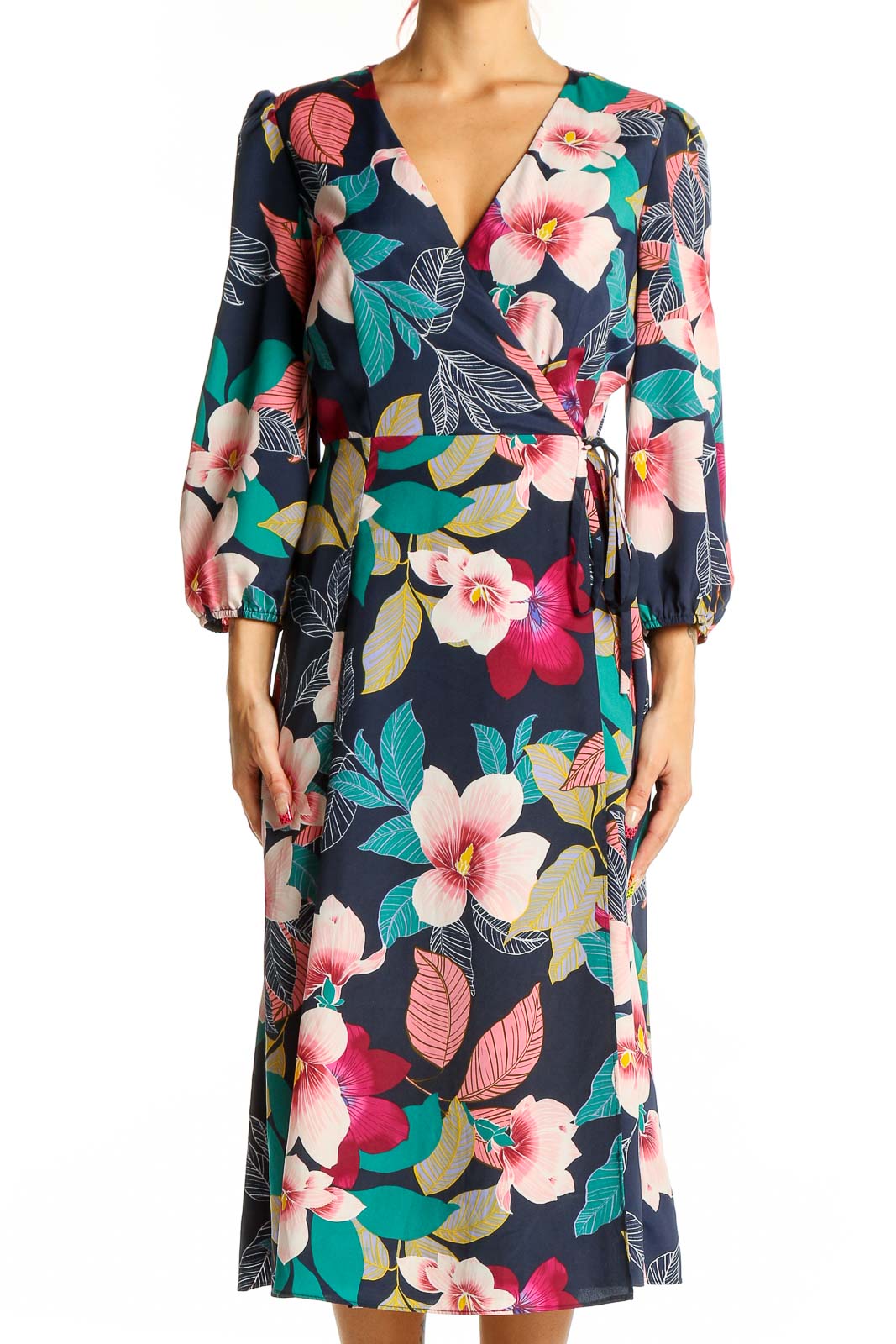Blue Floral Retro Wrap Dress Front