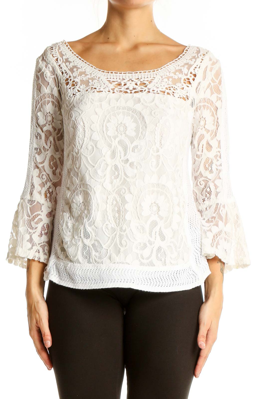 White Lace Bell Sleeve Blouse Front