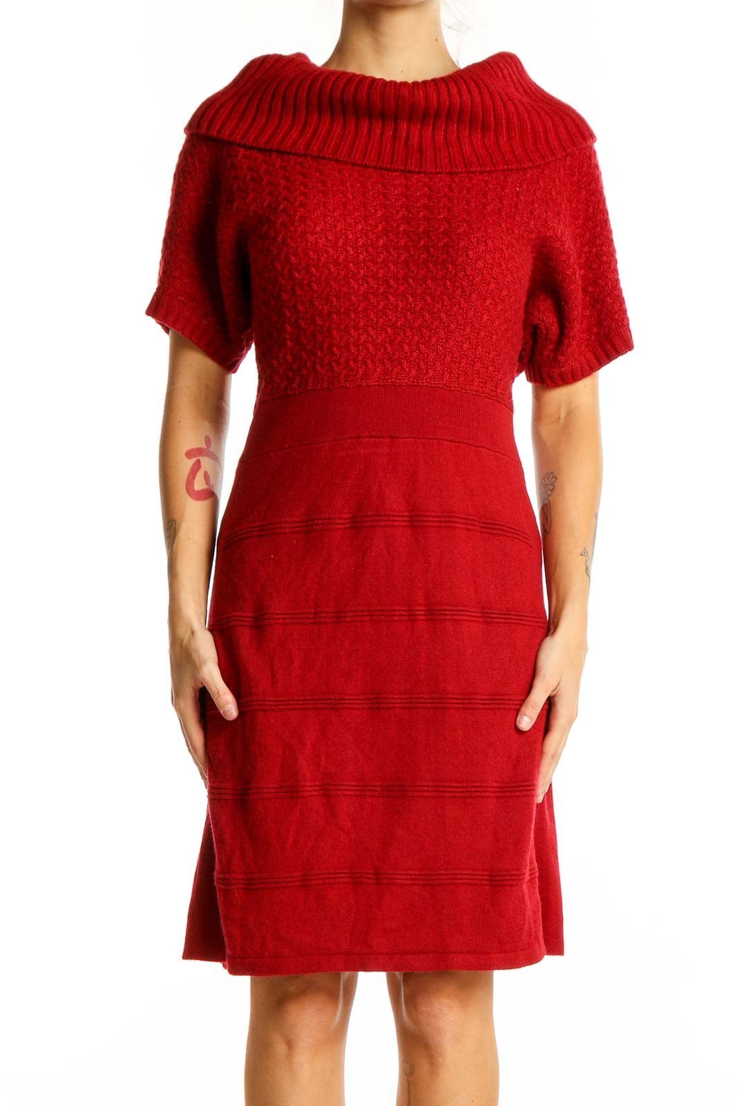 Red Cowl Neck Acrylic Sweater Dress Front
