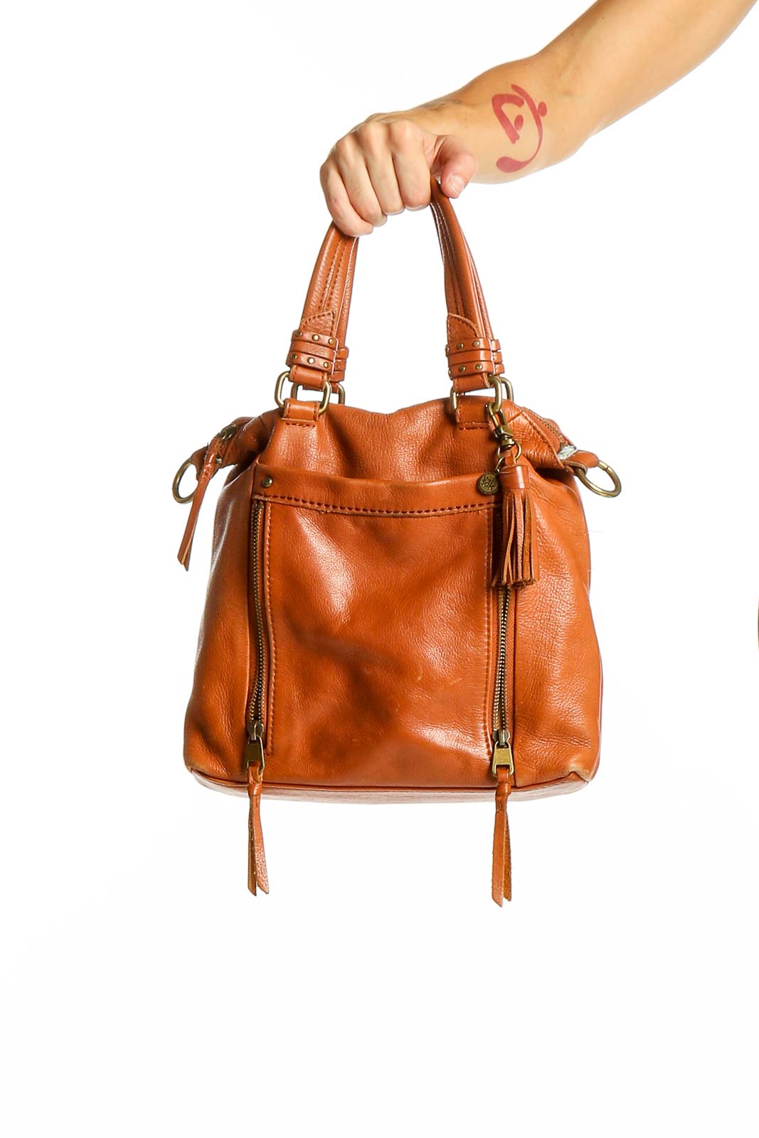Tan Leather Crossbody Bag with Tassels Front