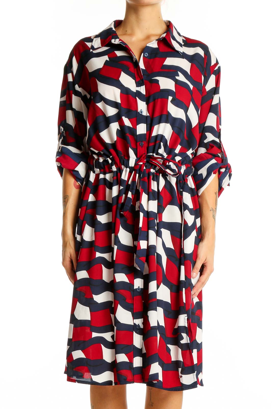 Red, White, and Navy Geometric Print Shirt Dress Front