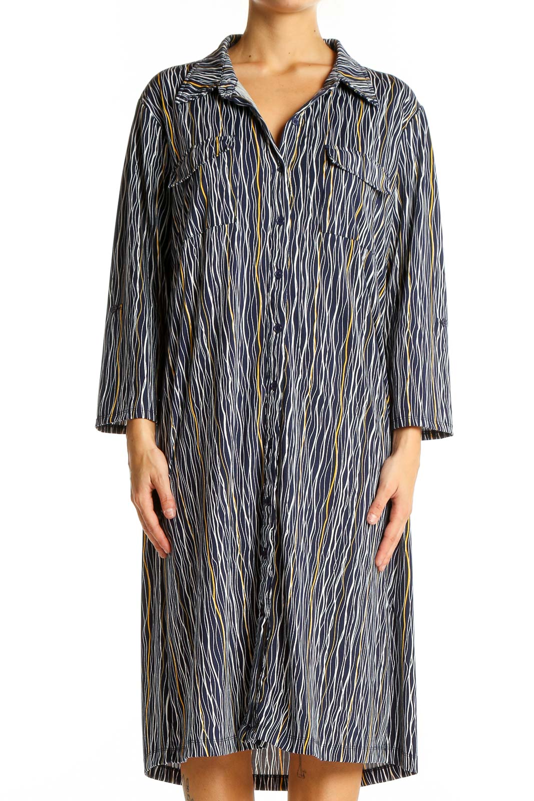Blue Striped Button-Down Shirt Dress Front