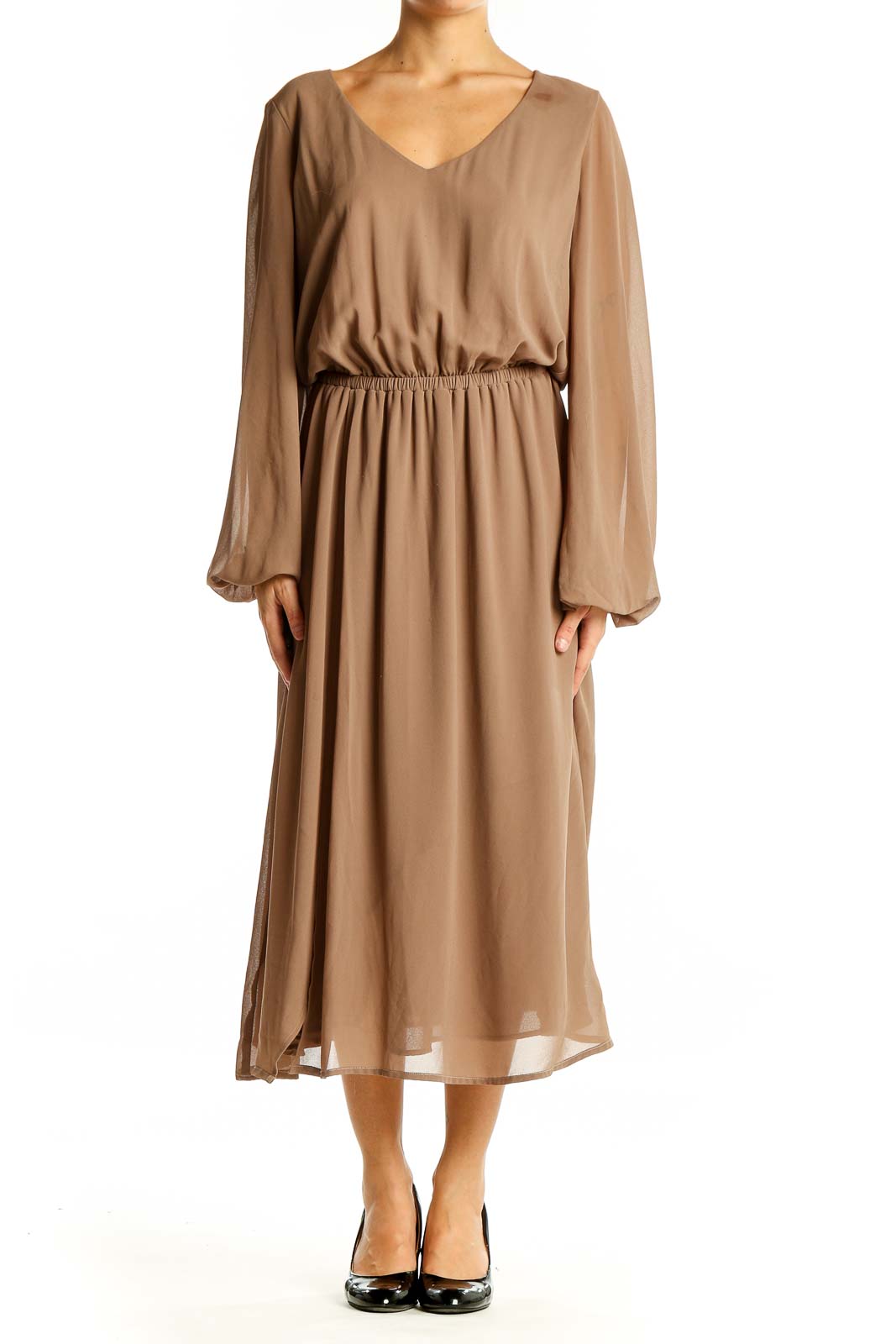 Tan Flowy Long Sleeve Midi Dress Front