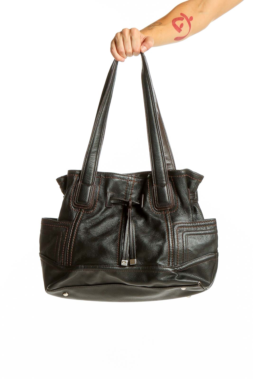 Black Leather Drawstring Shoulder Bag Front