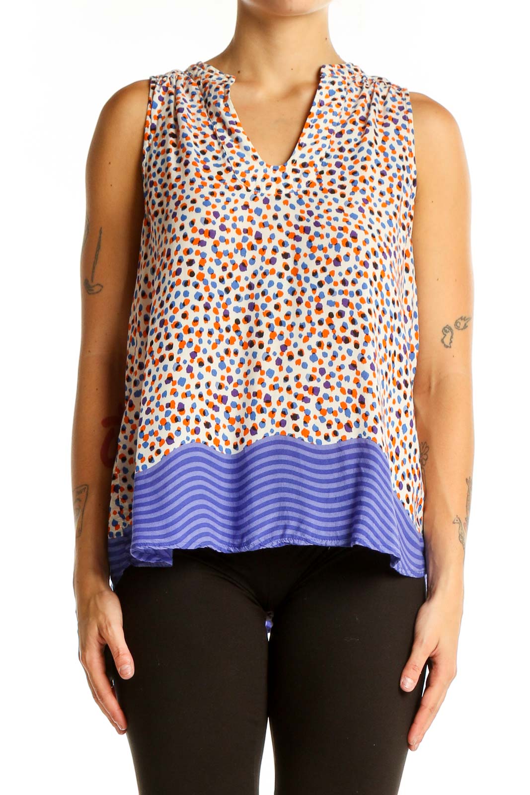 Blue White Orange Polka Dot Top Front
