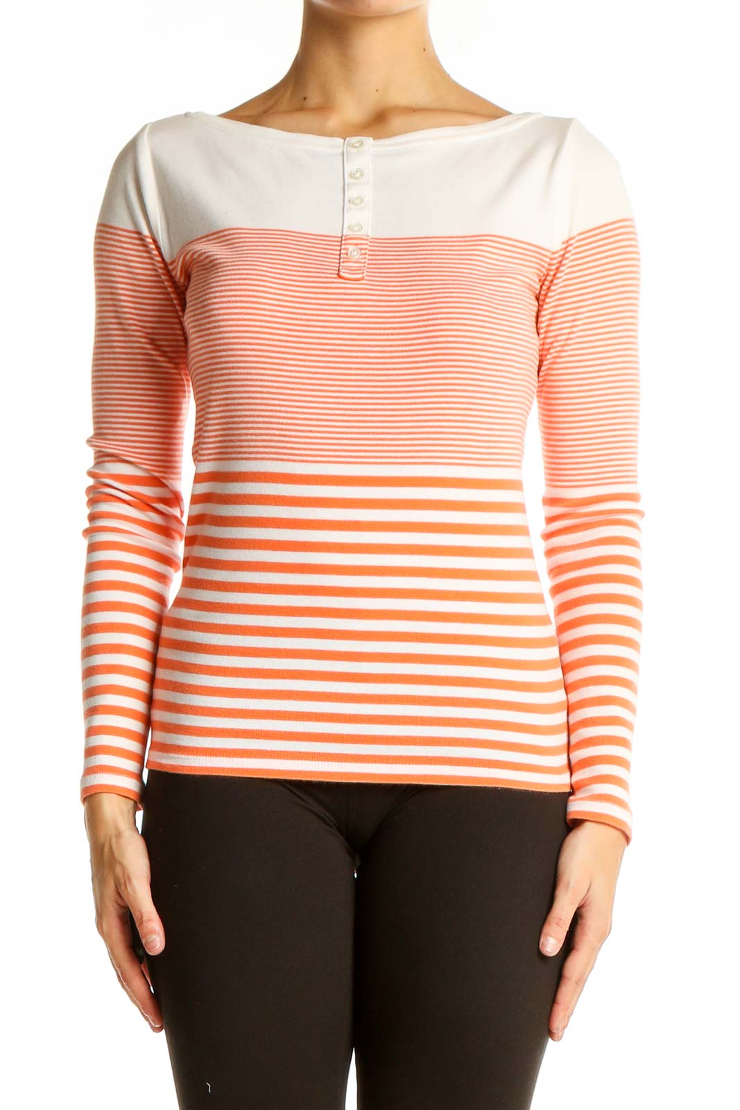 Orange Striped Cotton Long Sleeve Top Front