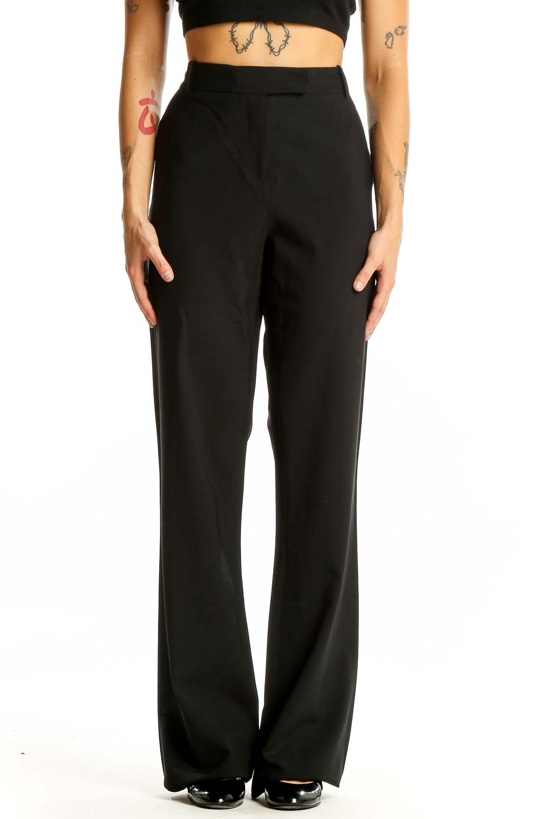 Black Wide-Leg Wool Blend Trousers Front