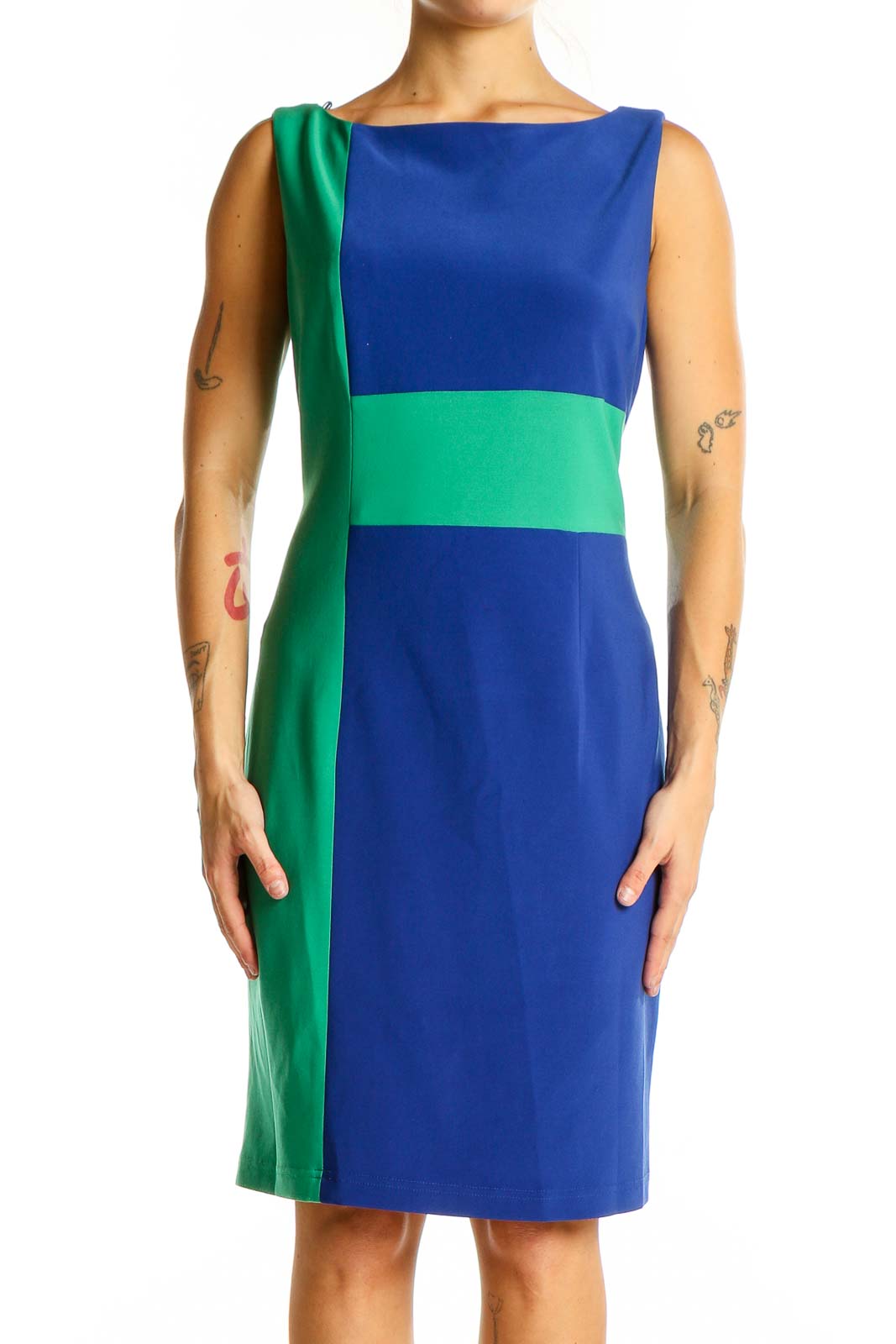 Blue and Green Color Block Sheath Dress Front