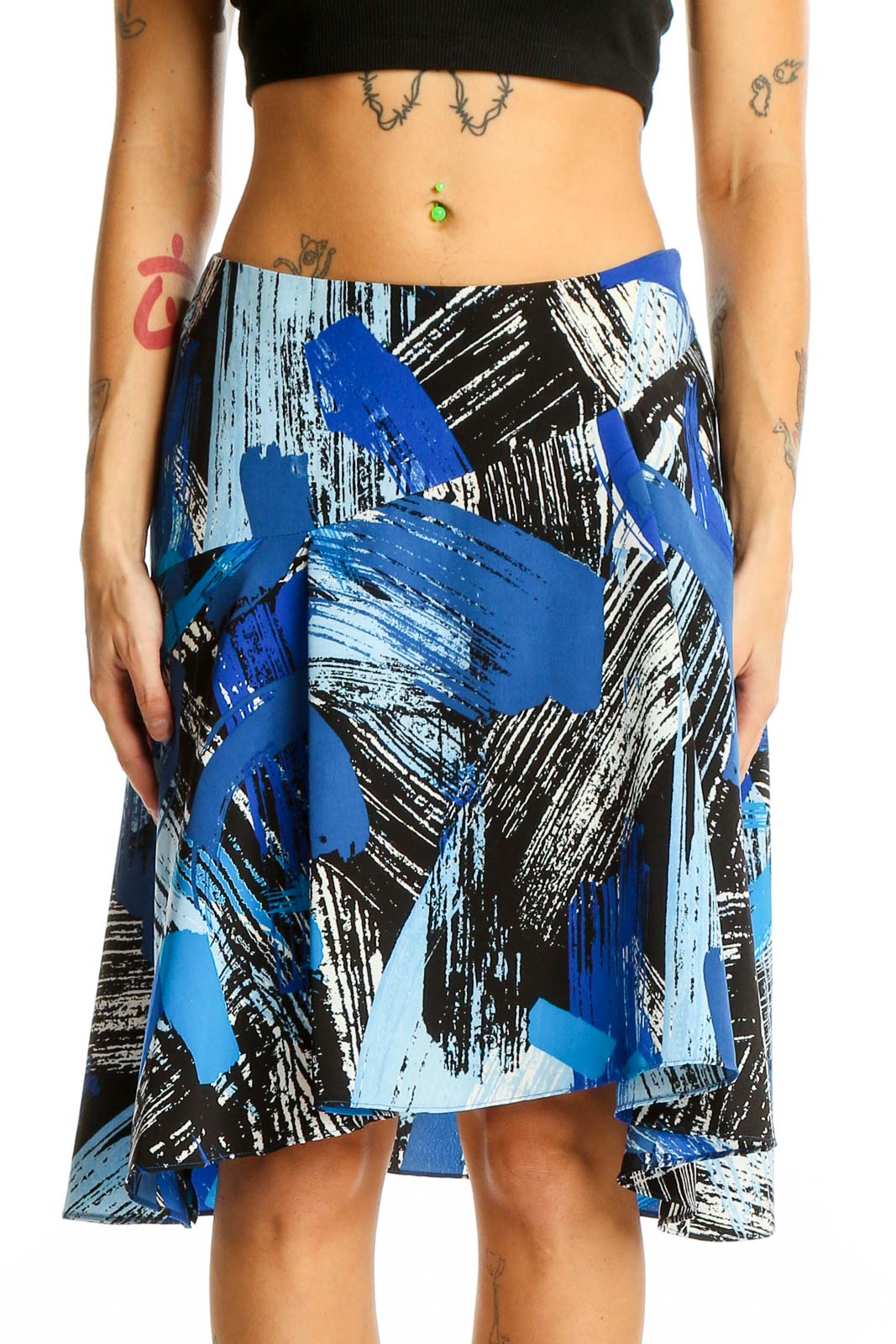 Blue Abstract Print High-Low Skirt Front