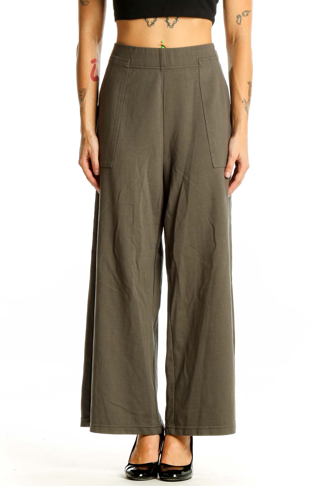 Olive Wide-Leg Stretch Pants Front