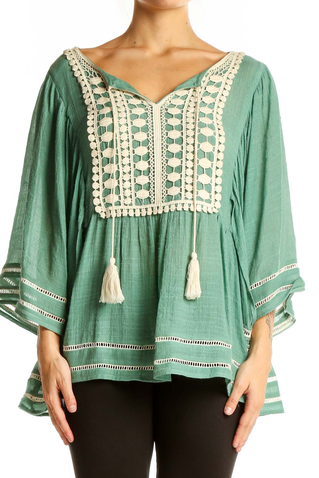 Sage Green Crochet-Trim Boho Blouse Front