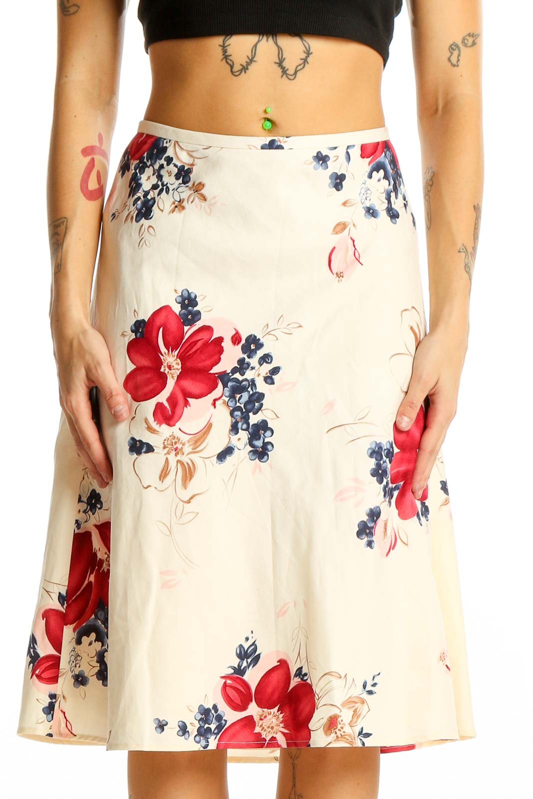Cream Floral A-Line Midi Skirt Front