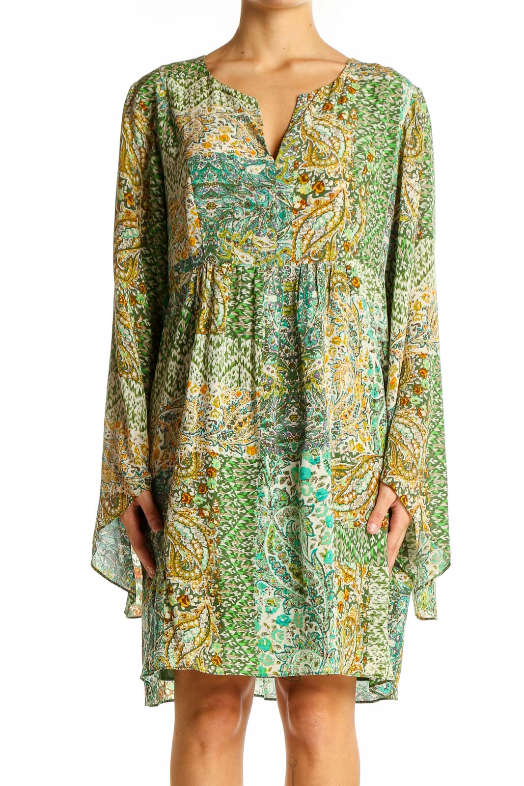 Green Paisley Silk Tunic Dress Front