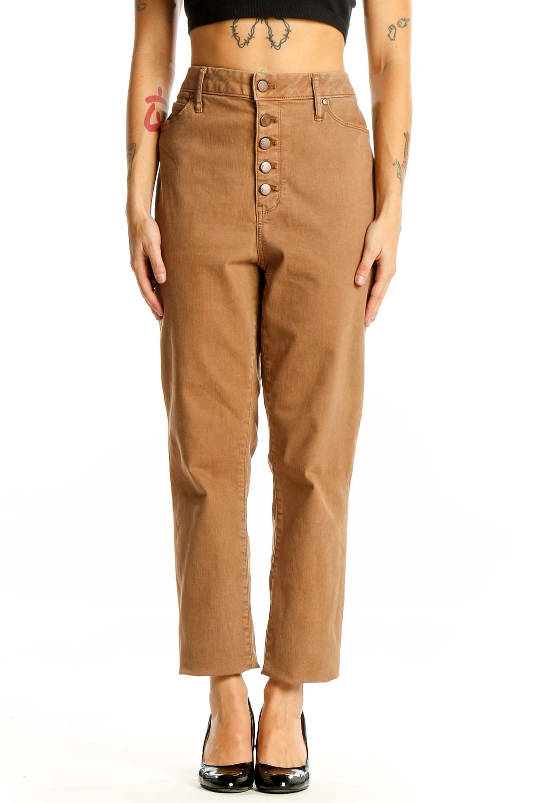 Camel High-Waisted Button-Front Jeans Front