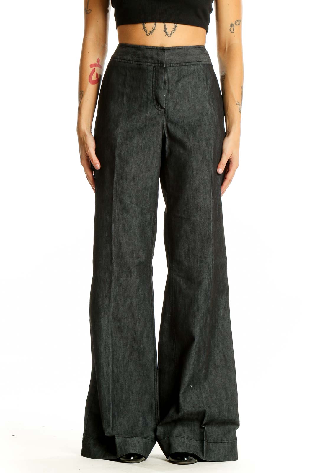 Black Wide Leg Solid Pants Front