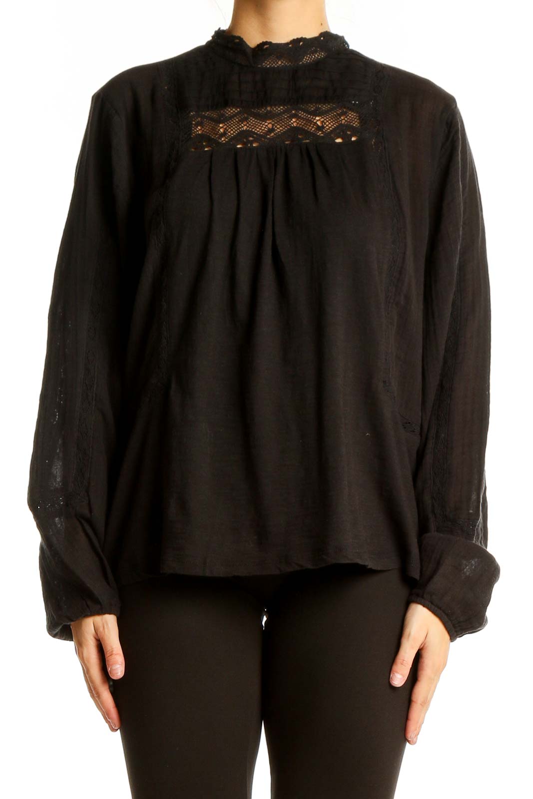 Black Cotton Lace-Trim Blouse Front