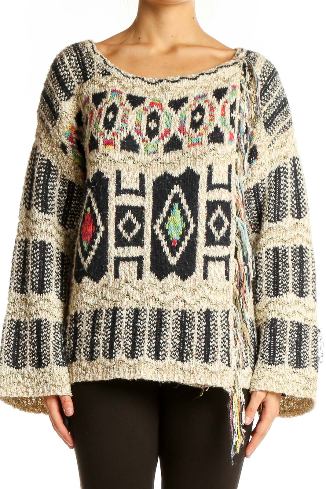Neutral Black Pattern Boatneck  Sweater Front