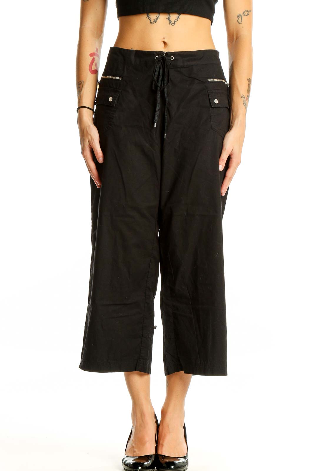 Black Cropped Wide-Leg Drawstring Pants Front