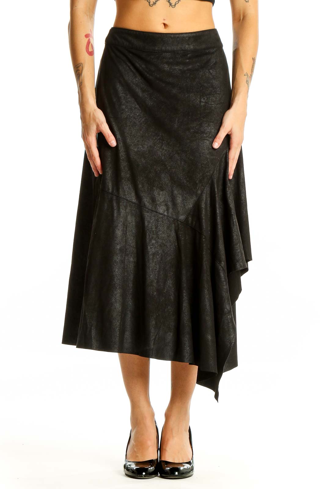 Black Asymmetrical Midi Skirt Front