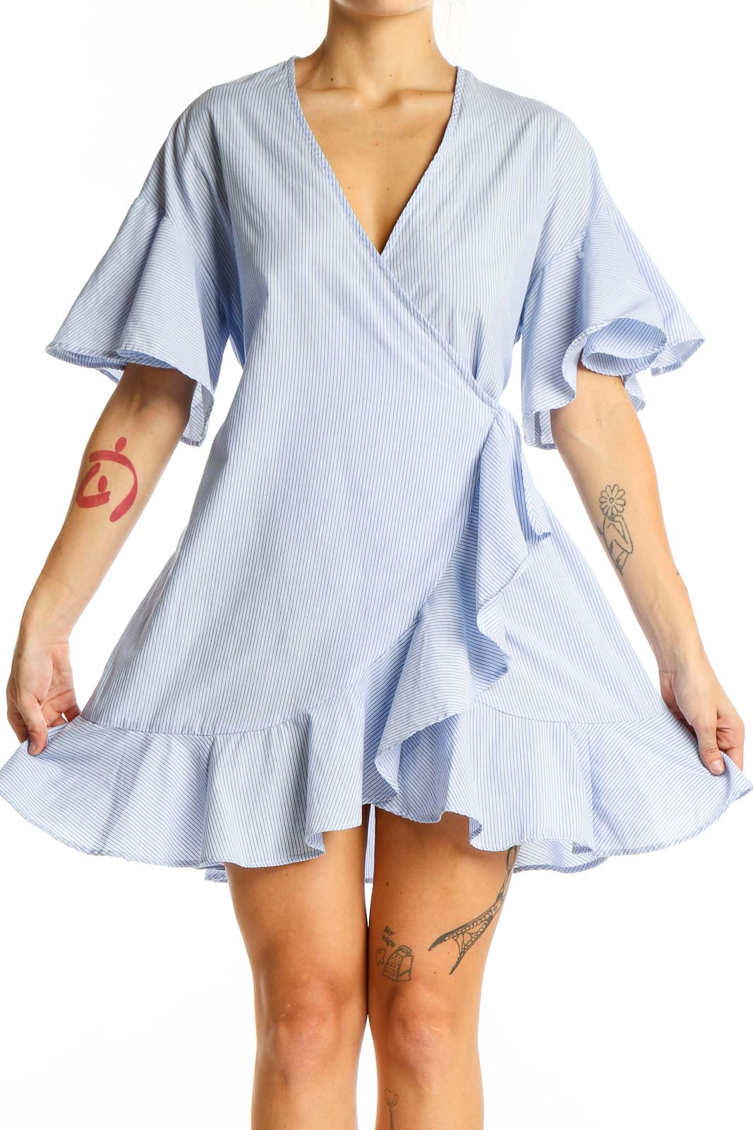 Light Blue Striped Wrap Mini Dress Front