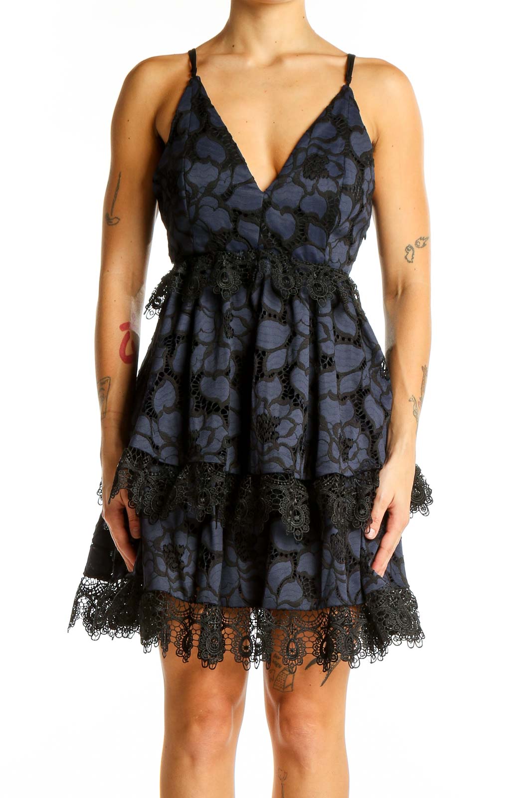 Navy Floral Lace Tiered Mini Dress Front