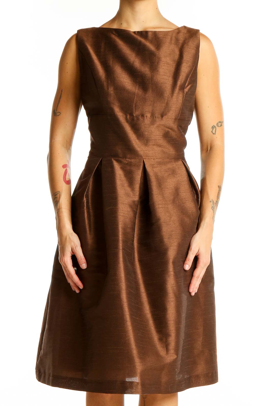 Brown Elegant Pleated Cocktail Dress Front