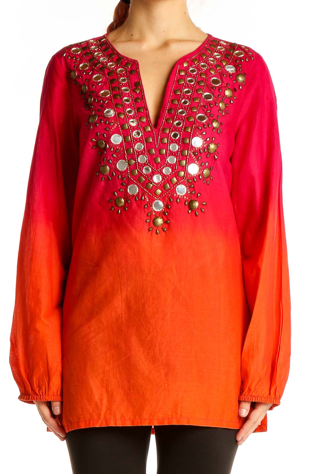 Red and Orange Ombre Embellished Tunic Front