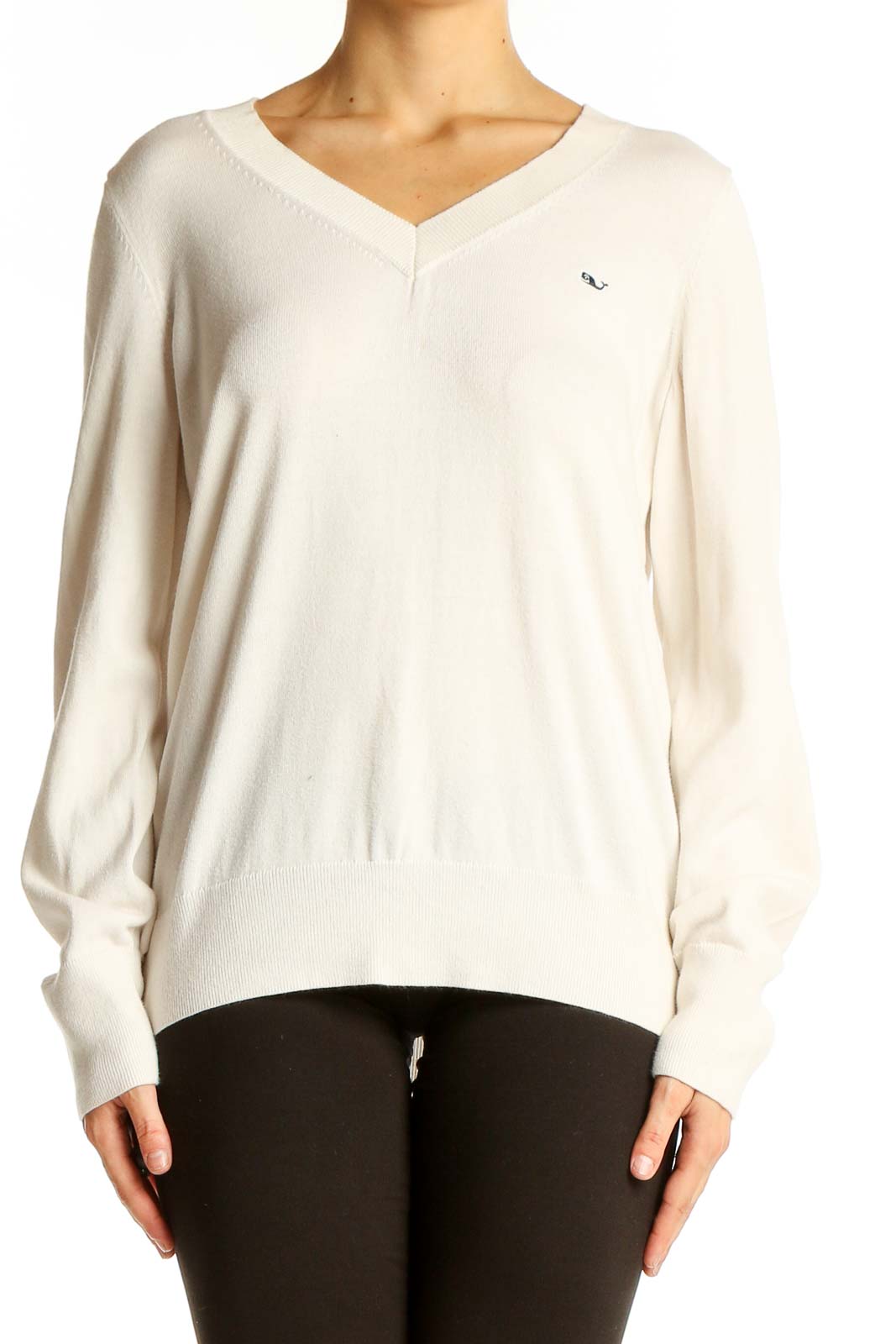 White Cotton V-Neck Knit Sweater Front